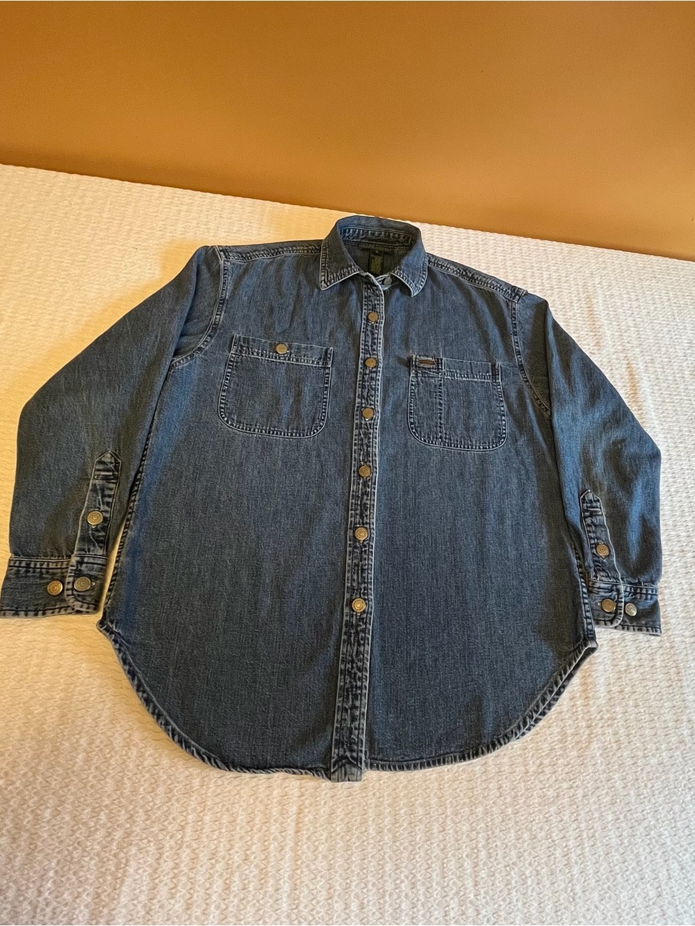 Vintage Ralph Lauren Blue Denim Shirt.Metal hardware buttons. Curved hem.Size S